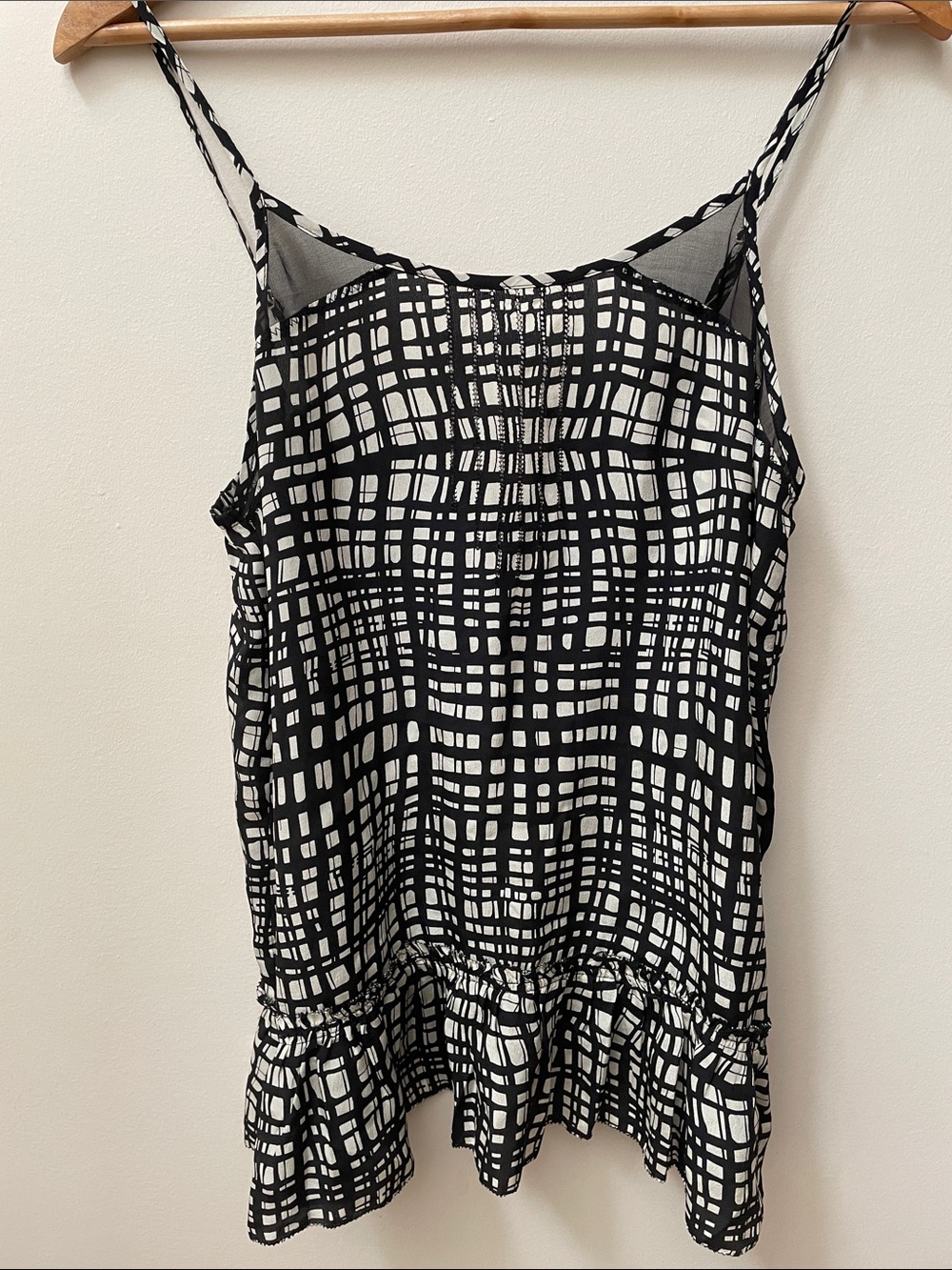 Forever 21 Boutique 100% Silk Black & White Grid Print Ruffle Hem Cami Top